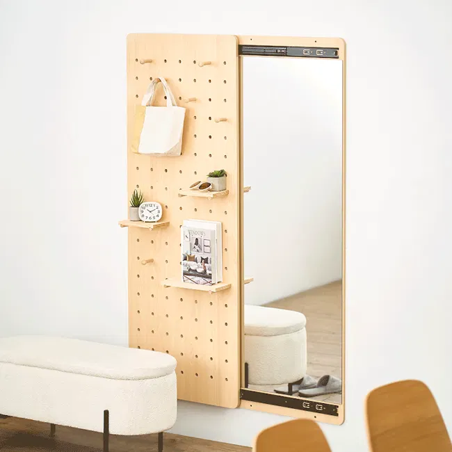 Narelle Sliding Pegboard Mirror - Natural (2 Sizes) - 2 - Wooden pegboard with hooks, white cushion bench, magazine shelf