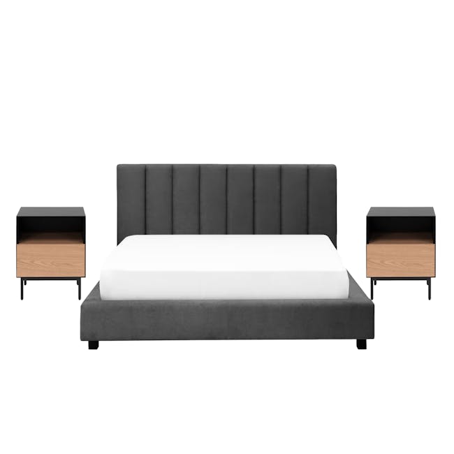 Elliot Queen Bed in Onyx Grey with 2 Lewis Bedside Tables in Black, Oak - 0