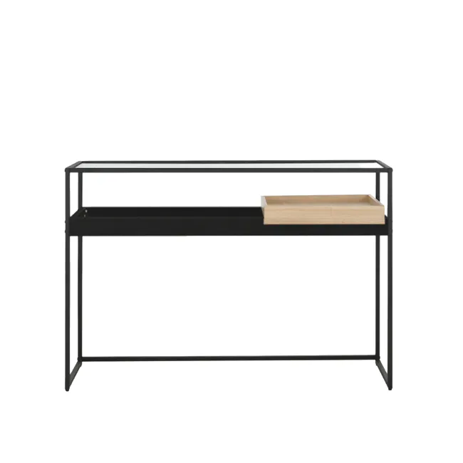 Wesley Console Table 1.1m - 1 - Modern minimalist black metal shelf with sleek design, minimalist wooden tray, clean lines