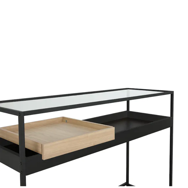 Wesley Console Table 1.1m - 2 - Modern minimalist desk, sleek black metal frame, wooden drawer, glass top shelf, open wooden
