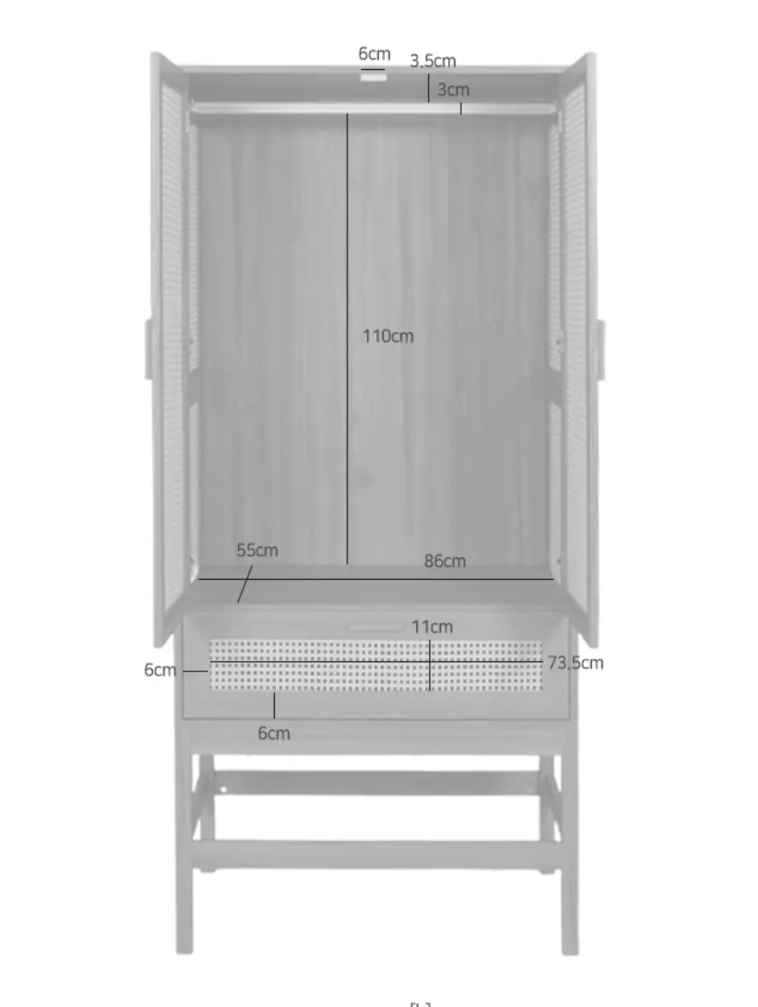Belig 2 Door Rattan Wardrobe with 1 Drawer - 17 - Wooden shelving unit, 110 cm wide, 6 cm shelf, 55 cm shelf, 86 cm shelf, 5