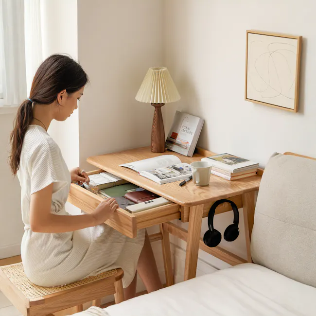 Chase Study Table 1m - 2 - Wooden desk, woman sitting, reading glasses, open book, stack of books, beige blanket, wooden