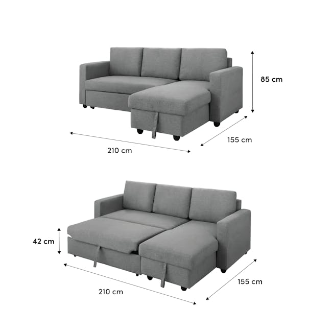 Mia L-Shaped Storage Sofa Bed - Ecru - 7 - Grey upholstered sectional sofa, 85 cm height, 210 cm total length, 155 cm width