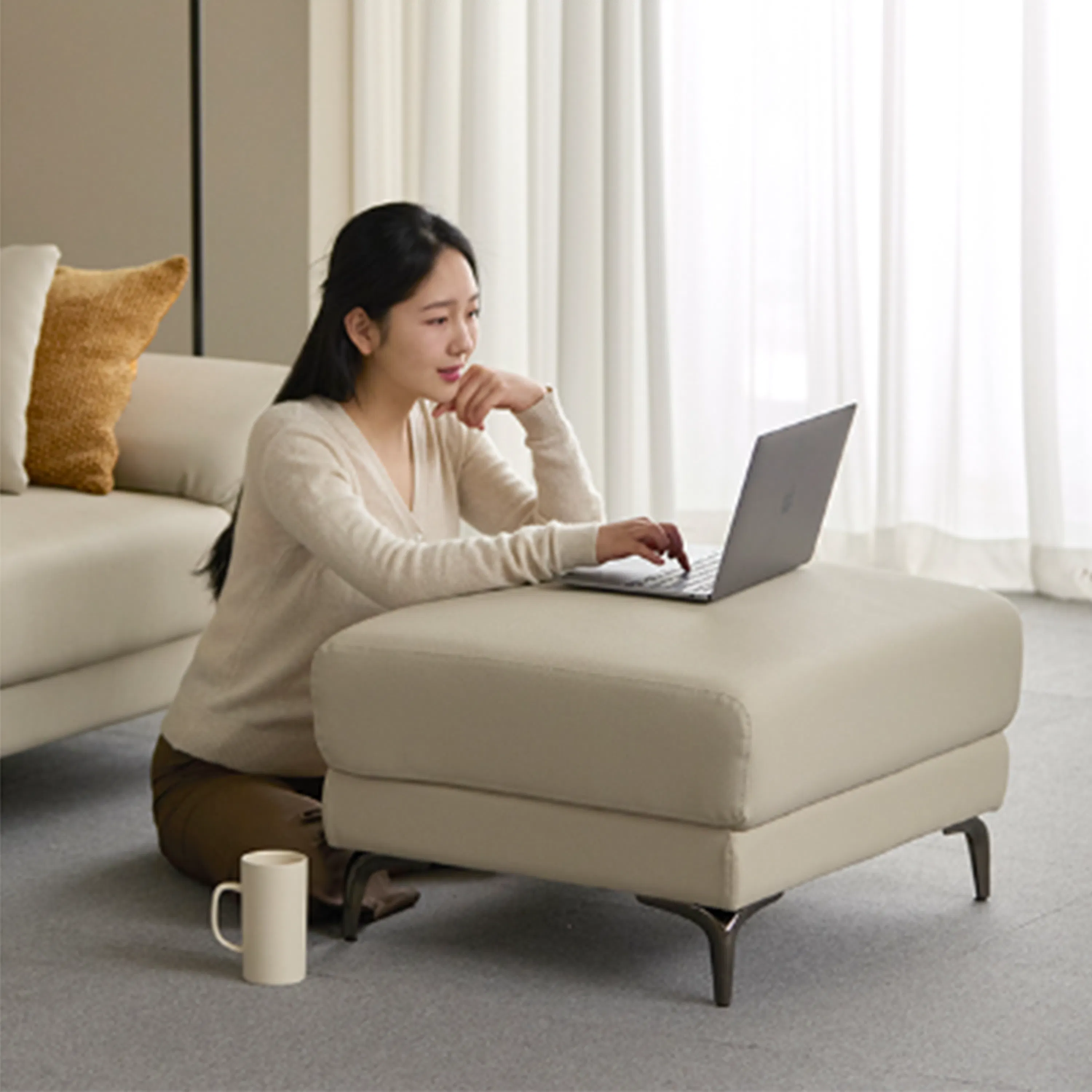 Montreal 4 Seater Sofa with Adjustable Headrest - Ivory (Faux Leather) - 13 - Laptop, woman, sitting, working, cozy, modern