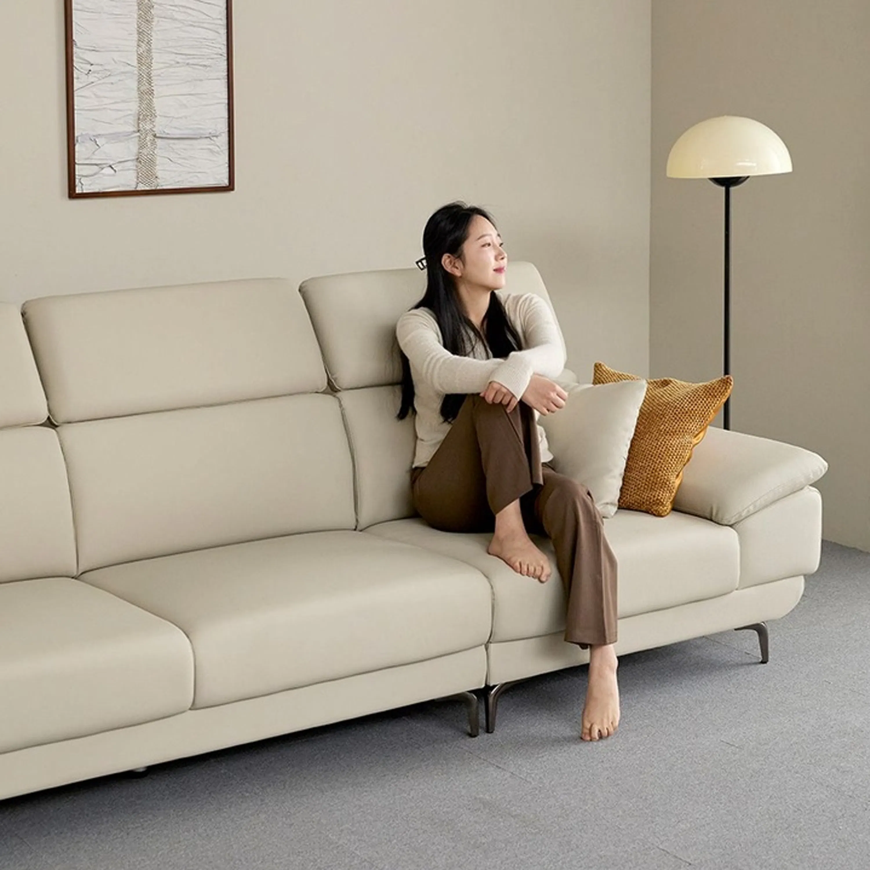 Montreal 4 Seater Sofa with Adjustable Headrest - Ivory (Faux Leather) - 12 - Cream-colored, modern sofa, minimalist decor