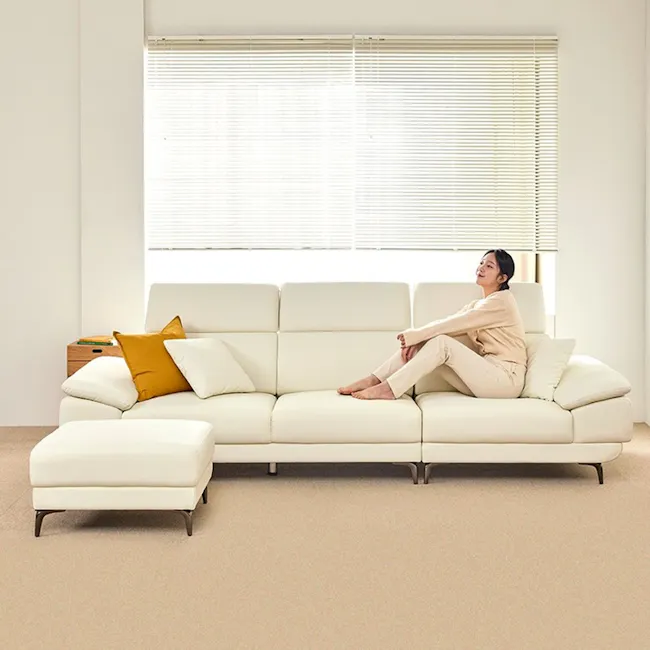 Montreal 4 Seater Sofa with Ottoman - Ivory (Faux Leather) - 2 - White modern sofa, minimalist decor, cozy living room, soft