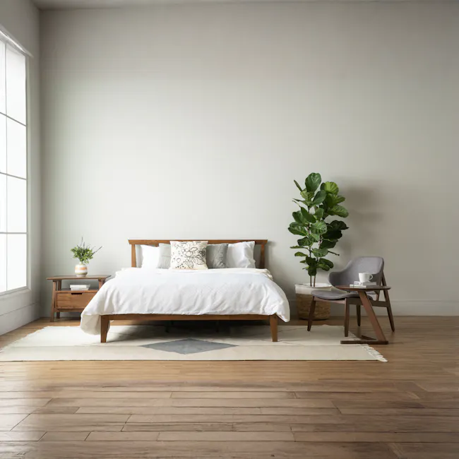 Stella Lounge Chair - Cocoa, Oyster Grey - 3 - Minimalist bedroom, cozy bed, white comforter, wooden headboard, bedside