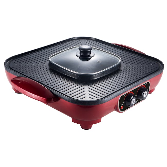 Morries Multi-Functional Pan with Hot Pot - 5 - Electric griddle, red and black design, control knobs, medium-high heat, low