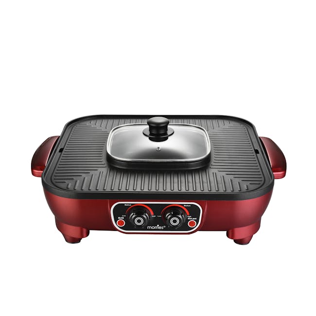 Morries Multi-Functional Pan with Hot Pot - 1 - Electric griddle with black and red design, stainless steel lid, control