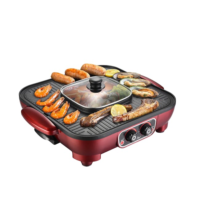 Morries Multi-Functional Pan with Hot Pot - 2 - Electric griddle with lid, grill pan, shrimp, sausage, lemon slices