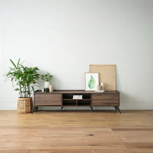 Maxton TV Console 1.8m - 3 - Wooden sideboard, minimalist design, dark wood finish, open shelves, decorative items, potted