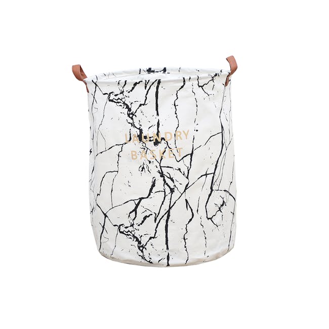 Marble Laundry Basket With Leather Handle - White - 0