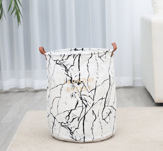 Marble Laundry Basket With Leather Handle - White - 4