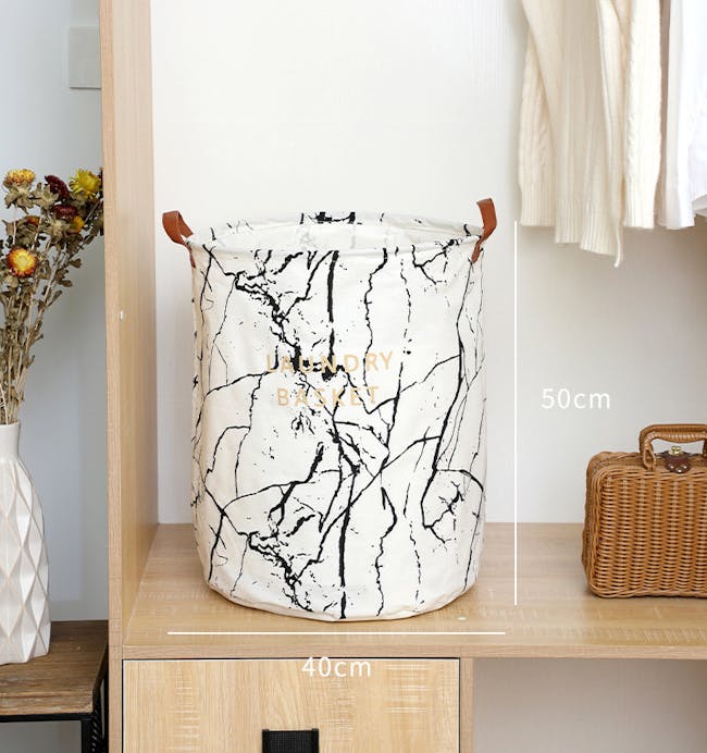 Marble Laundry Basket With Leather Handle - White - 1