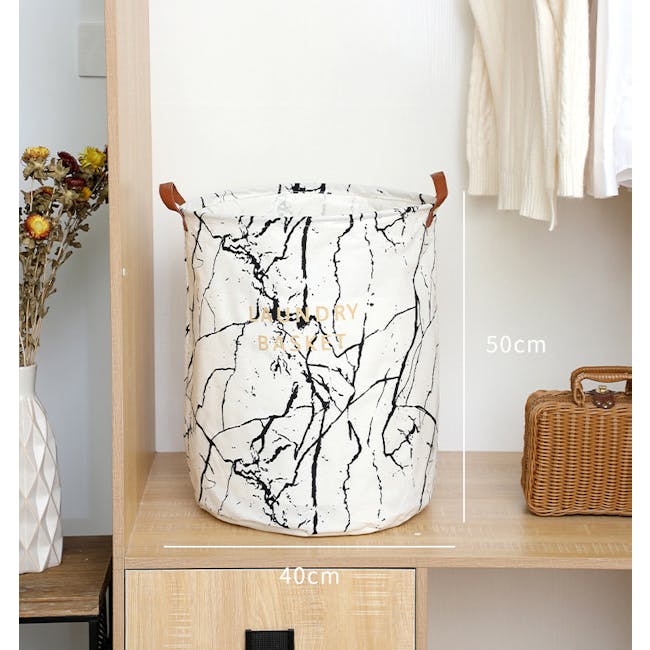Marble Laundry Basket With Leather Handle - White - 1