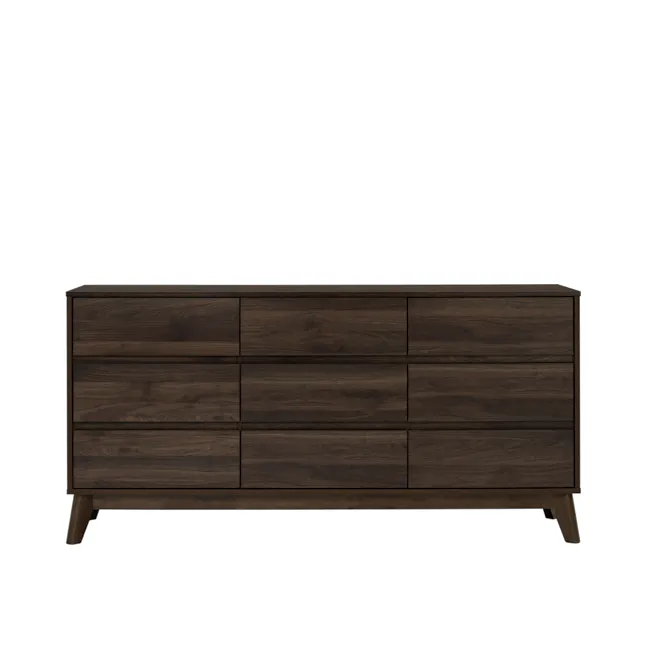 Herschel 9 Drawer Chest 1.5m - Walnut - 1 - Dark wood dresser with smooth surfaces, rectangular shape, six drawers