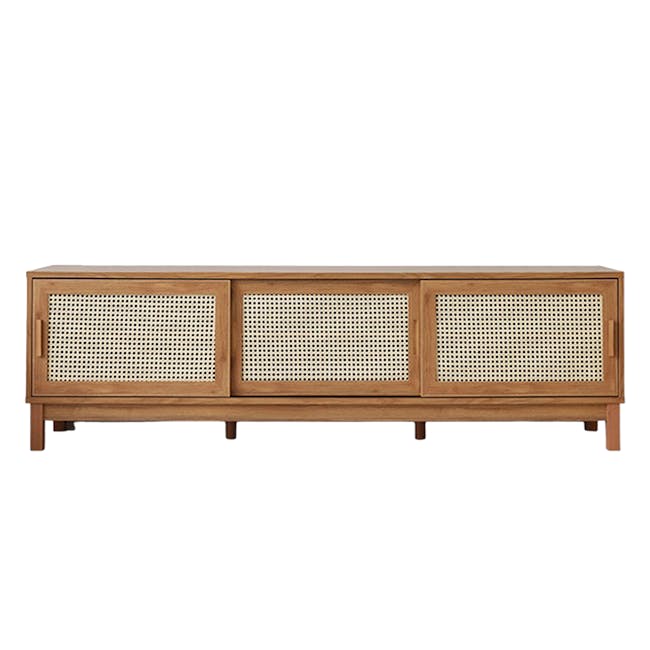 Belig Rattan TV Console 2m - Oak - 1 - Wooden sideboard with perforated front panels, natural wood finish, minimalist