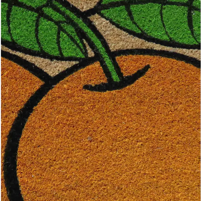 Mandarin Oranges Coir Door Mat - 4 - Green leaf with detailed veins on a textured surface, Orange fruit with a curved stem
