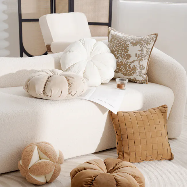 Velvet Petal Round Cushion - Sand - 3 - Cream and beige plush cushions, white and brown patterned pillows, soft, fluffy