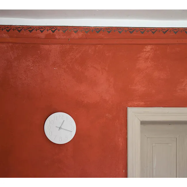 Keisoudo no Tokei Wall Clock - White - 3 - Rustic red wall with a white clock face, Decorative border with geometric