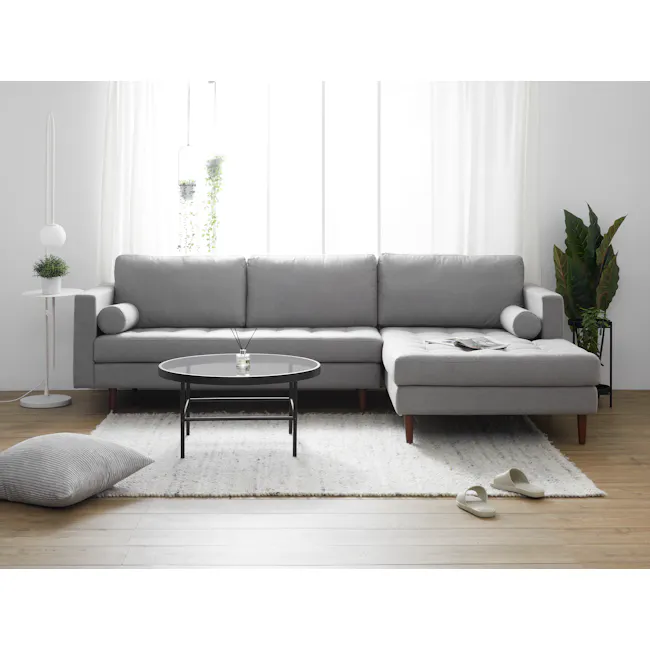 Cilja Floor Lamp with Side Table - White - 20 - Modern minimalist living room, sleek gray sofa, white floor lamp, round