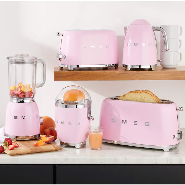 Smeg 1.7L Kettle - Pink - 2 - Fruit juicer, pink toaster, breakfast blender, sliced strawberries, sliced peaches, sliced
