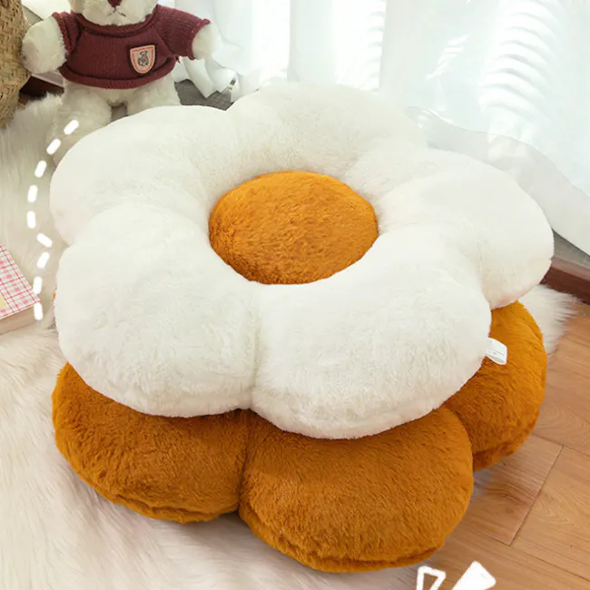 Daisy Plush Cushion - Ochre - 3 - Fluffy, plush, white and orange flower-shaped cushion, cozy, soft, comfortable
