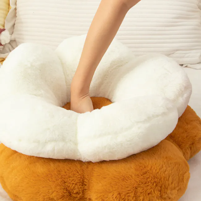 Daisy Plush Cushion - Ochre - 5 - Soft plush bed, fluffy white and orange bed, cozy bed, plush bedspread, fluffy bed, plush