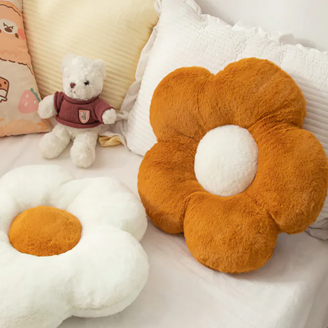 Daisy Plush Cushion - Ochre - 8 - Soft, plush teddy bear wearing a red shirt, Two large, fluffy pillows in orange and white