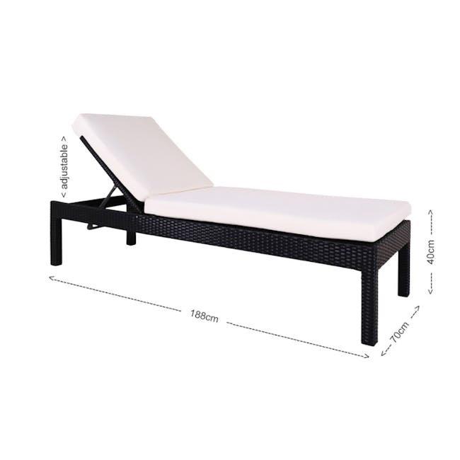Wikiki Sunbed - White Cushion - 8 - adjustable, wicker, black, rectangular, lounge chair, 188 cm, 40 cm, 70 cm