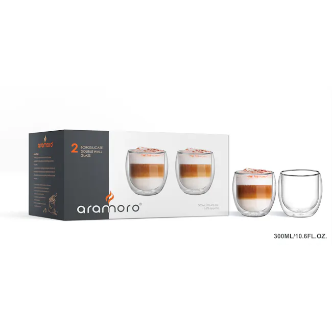 Aramoro Borosilicate Glass Double Wall Cup - 2 Pcs / Set (2 Choice) - 6 - Transparent glass coffee cups with layered