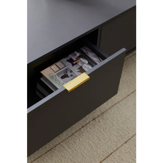 Volos Coffee Table - 7 - Gray modern cabinet drawer, gold drawer pull, sleek interior design, minimalist decor, elegant