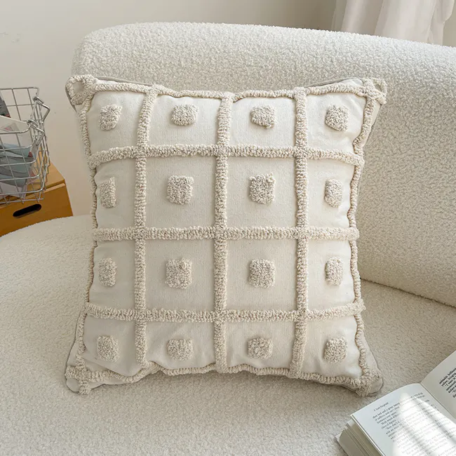 Alaia Cushion - 4 - White textured pillow with decorative pom-poms, fluffy soft fabric, cozy seating area, light beige