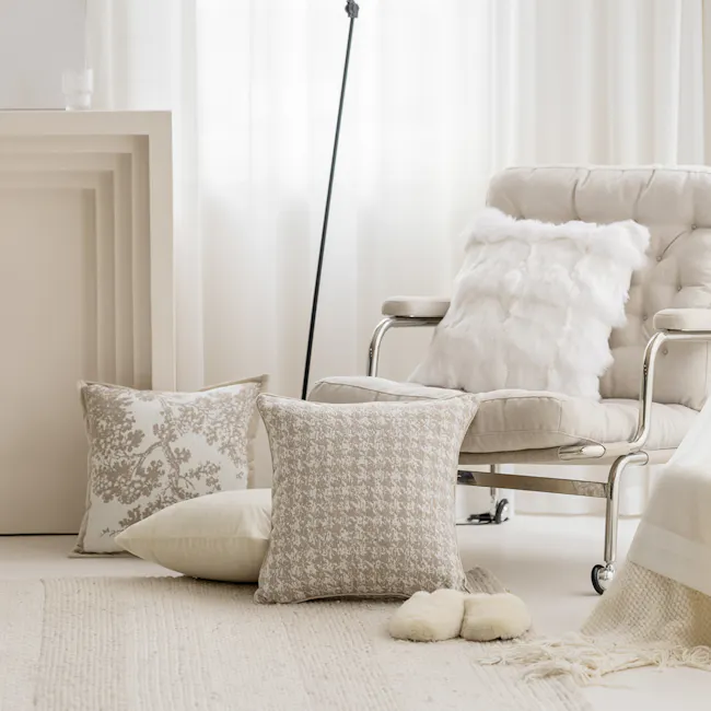 Brenda Botanical Print Cushion Cover - Nude - 4 - Cream and beige color scheme, plush armchair, modern chair rail, soft