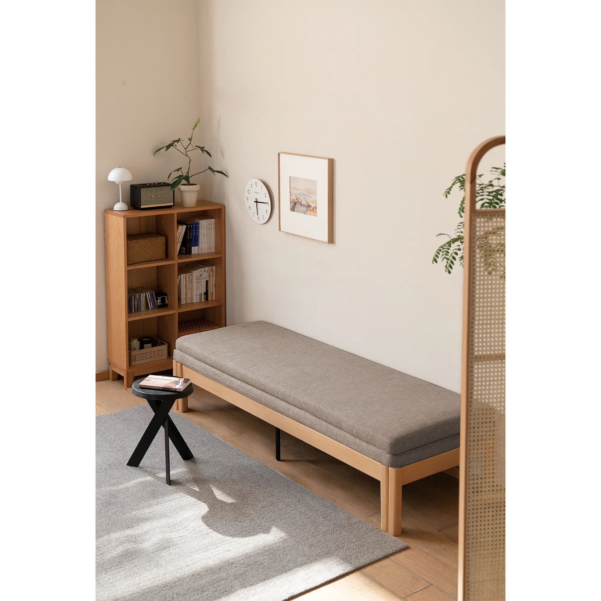 Cleo Sofa Bed / Bench 2m - Chestnut - 14 - Wooden bookshelf, beige wall, minimalist decor, light gray rug, black stool