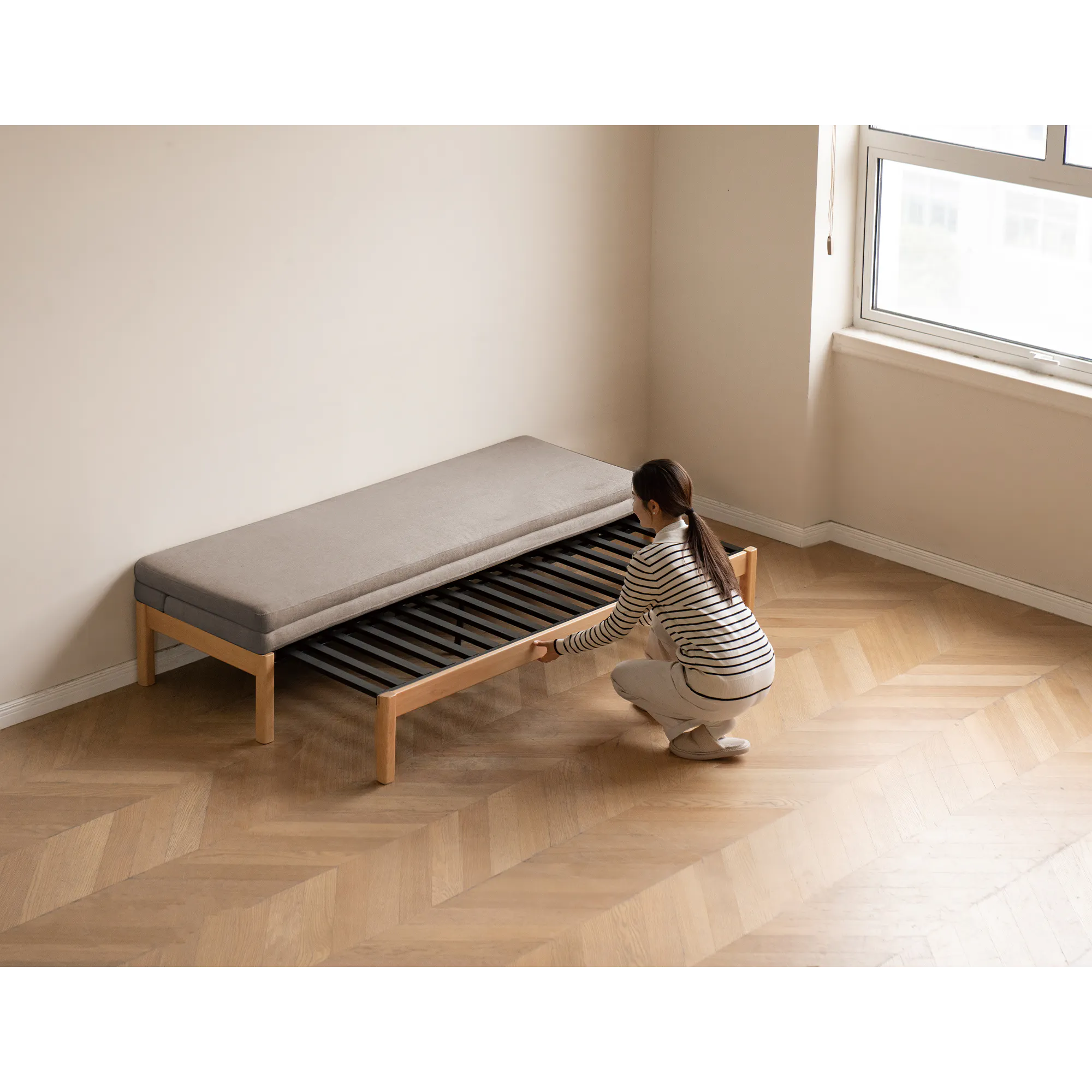 Cleo Sofa Bed / Bench 2m - Chestnut - 10 - Modern minimalist bedroom, cozy bed frame, wooden bench, light beige walls