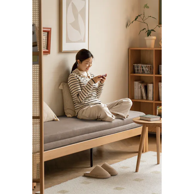 Cleo Sofa Bed / Bench 2m - Chestnut - 7 - Modern living room, cozy atmosphere, minimalist decor, soft lighting, neutral