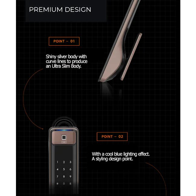 Solity Push Pull Door Lock GSP-2000BKF - Black - 12 - Shiny silver body, curve lines, ultra slim body, cool blue lighting