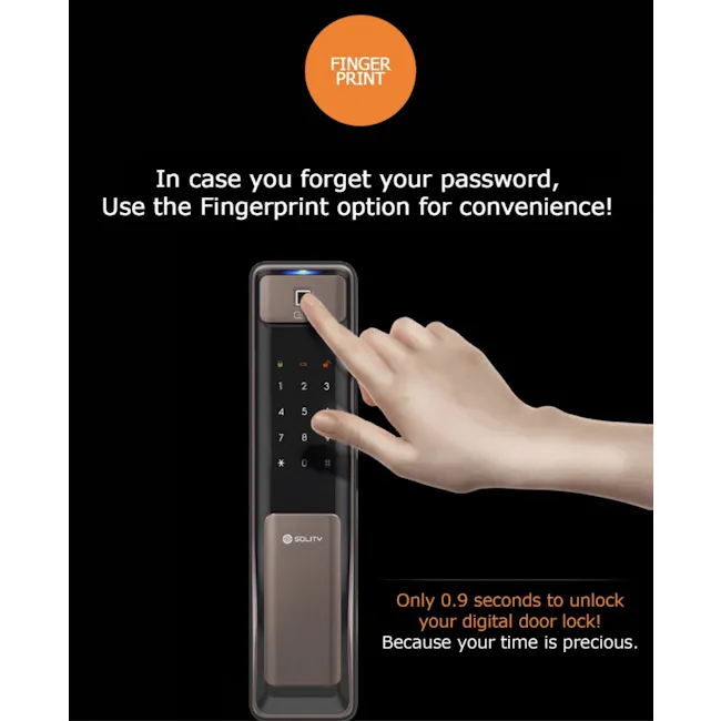 Solity Push Pull Door Lock GSP-2000BKF - Black - 8 - Fingerprint, digital door lock, convenience, unlocking, 9 seconds