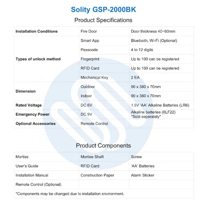 Solity Push Pull Door Lock GSP-2000BKF - Black - 20 - Fire Door, Smart App, Bluetooth, Wi-Fi, Passcode, 4 to 12 digits