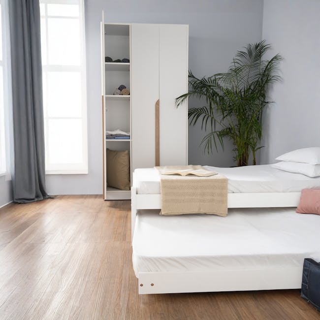 Miah 3 Door Wardrobe with Open Shelves - White - 8 - White open wardrobe, neatly folded clothes, beige knitted blanket