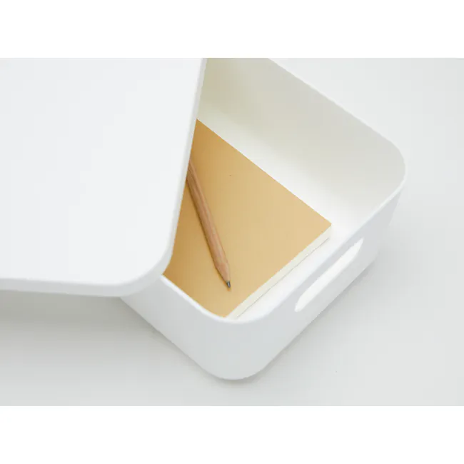 Lussa Storage Box with Lid - Small - 2 - White minimalist container, pencil resting on beige surface, clean and simple