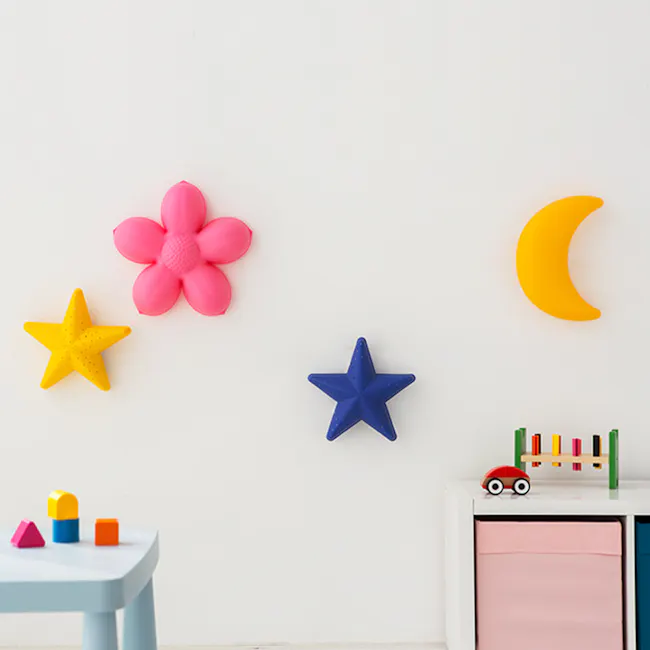 Kids Blossom Flower Wall Lamp - 6 - Colorful wall decorations, including a pink flower, yellow star, blue star, and crescent