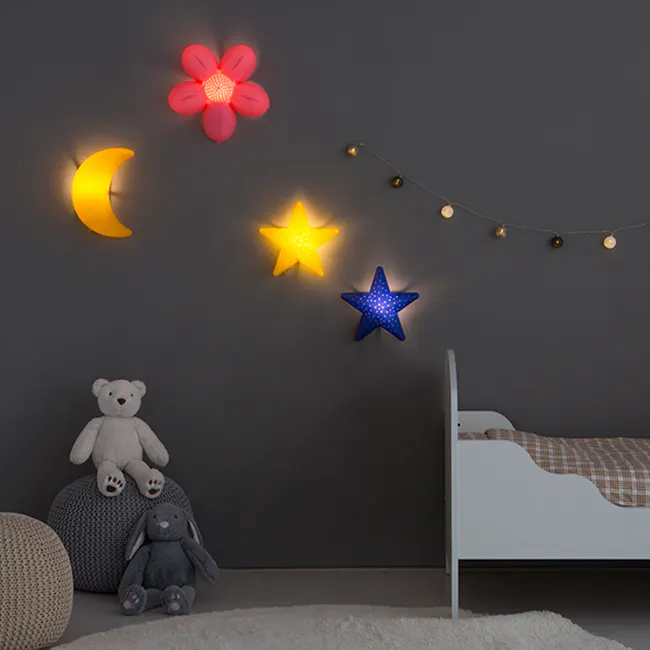 Kids Blossom Flower Wall Lamp - 7 - Soft, glowing moon, star, and flower lights, white teddy bear, gray rabbit, cozy bed