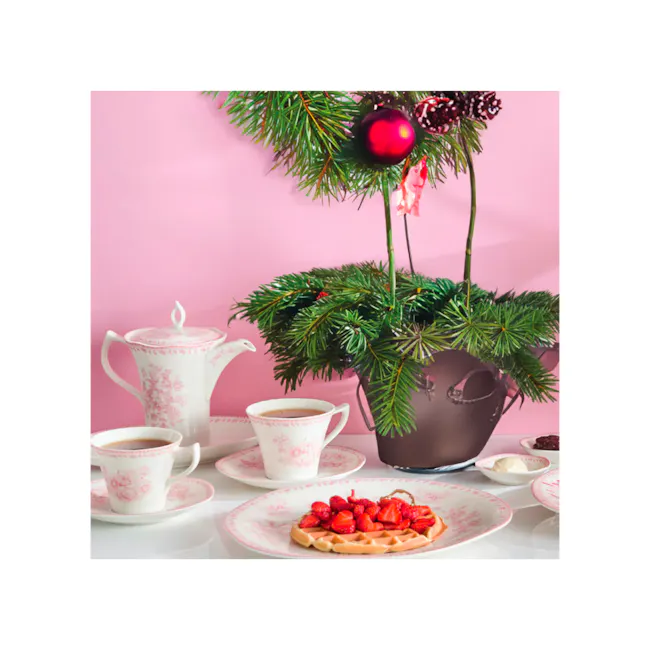 Luzerne Lancaster Garden Hi-Tea Set - Pink - 5 - Christmas tree, festive table, pink background, tea set, white teapot, red