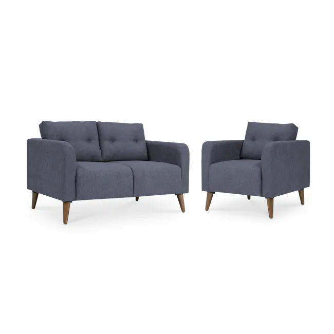 Bennett 2 Seater Sofa with Bennett Armchair - Midnight - 1 - Grey upholstered sofa, wooden armrests, three-seater design