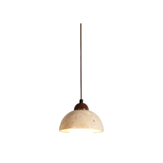 Caleb Travertine Pendant Lamp - Concave Dome - 1 - Pendant light fixture with textured surface, Multi-colored striped shade
