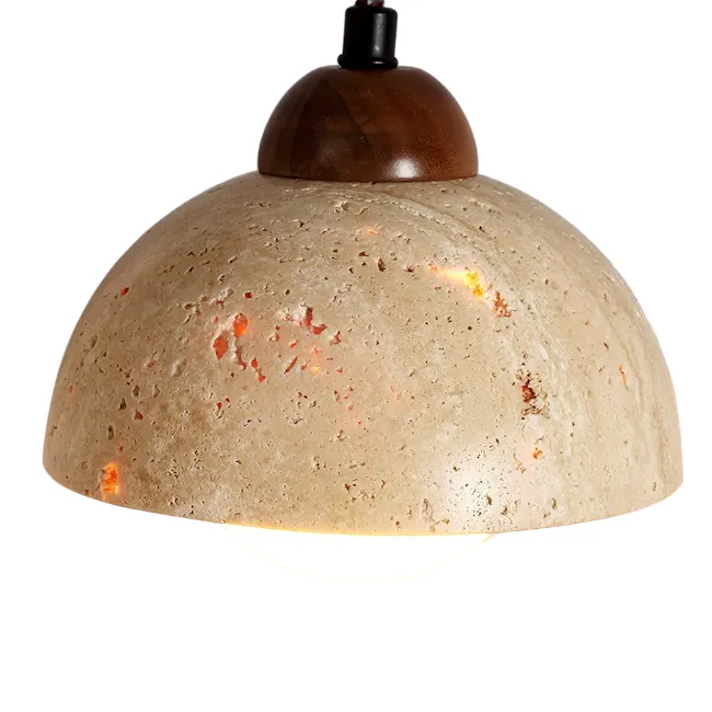 Caleb Travertine Pendant Lamp - Concave Dome - 3 - stone pendant light, rustic charm, textured surface, natural stone