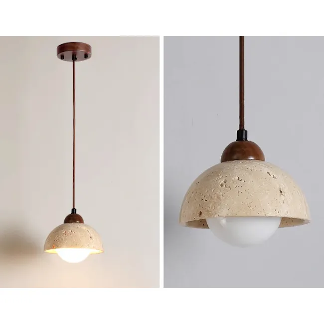 Caleb Travertine Pendant Lamp - Concave Dome - 4 - modern pendant light, rustic design, textured shade, wooden base, copper