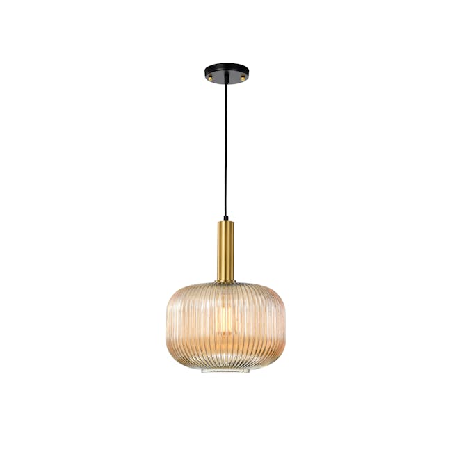 Wilma Ripple Pendant Lamp - Amber - 1 - Modern pendant light with gold accents, translucent glass shade, black cord